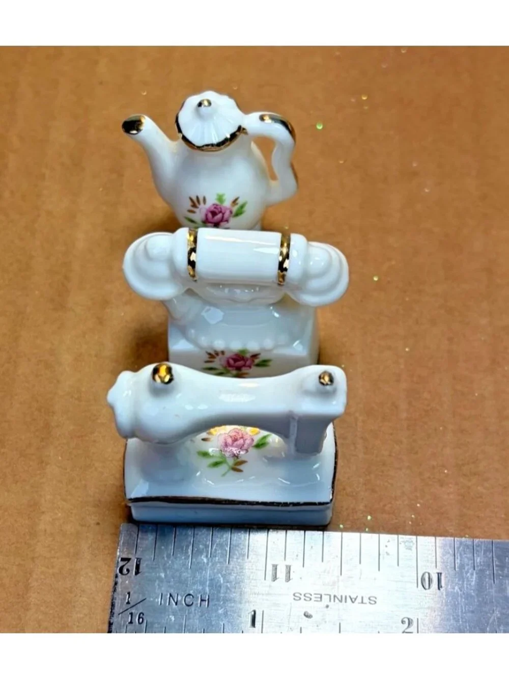 9pc White Ceramic Miniatures Set Pink Rose Accents & Gold Trim U69a